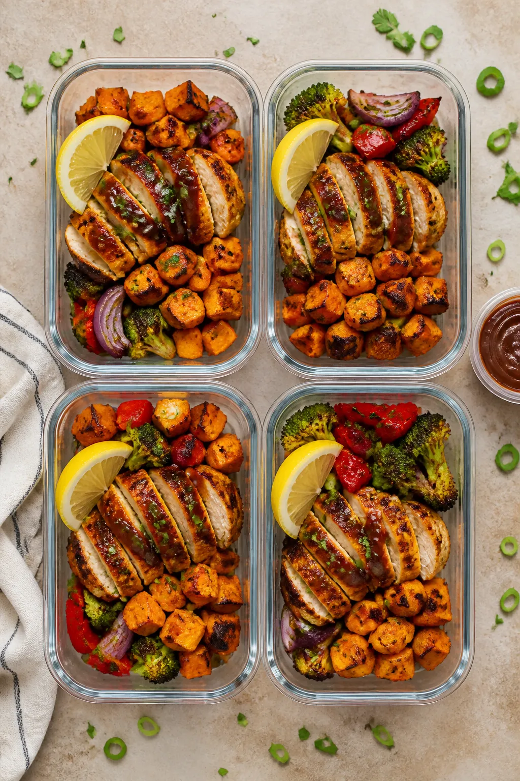 Tasty top view, meal prep assembly: Overhead shot of four neatly portioned glass meal prep container
