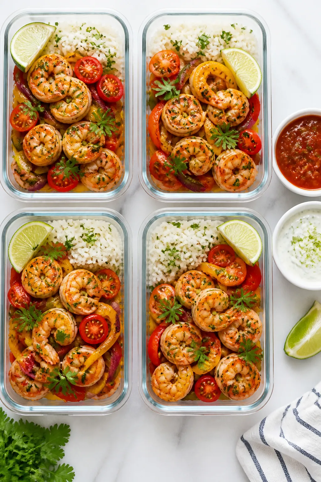 Tasty top view, meal prep assembly: Overhead shot of four meal prep containers neatly arranged, each