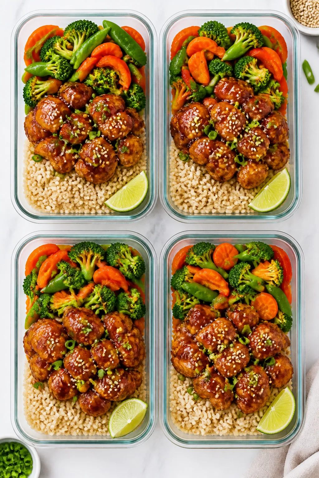 Tasty top view, meal prep assembly: Overhead shot of four neatly arranged meal prep containers, each
