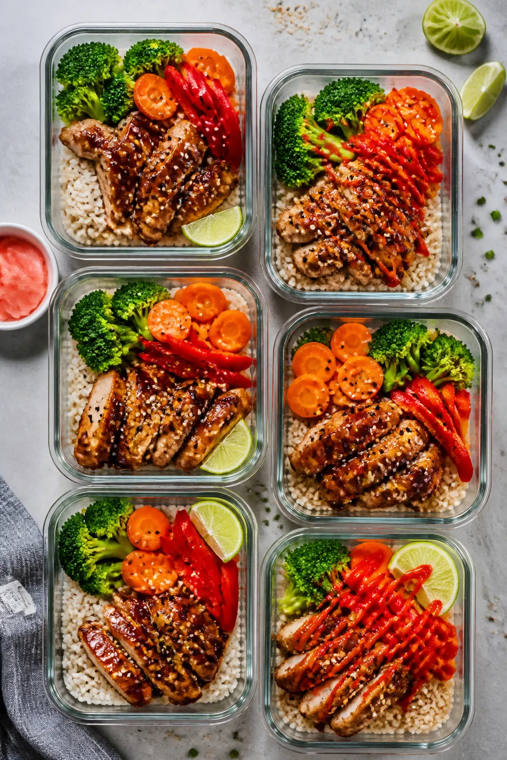 Tasty top view, meal prep assembly: Overhead shot of 4–6 glass meal prep containers neatly filled 