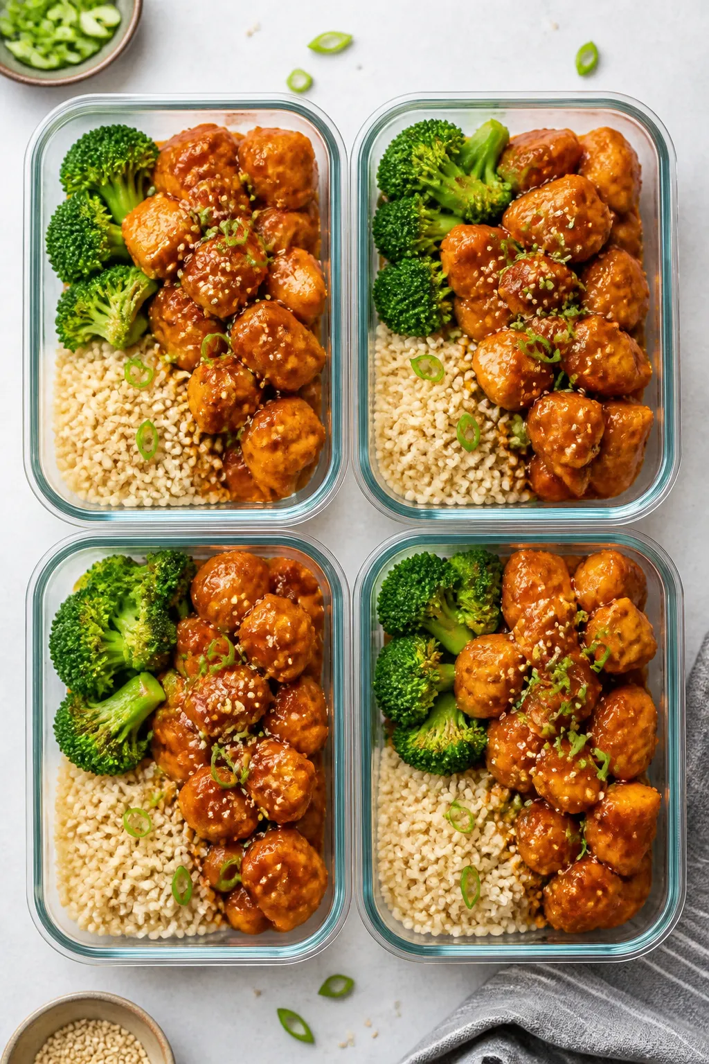 Tasty top view, meal-prep focus: Overhead shot of four glass meal-prep containers neatly arranged on