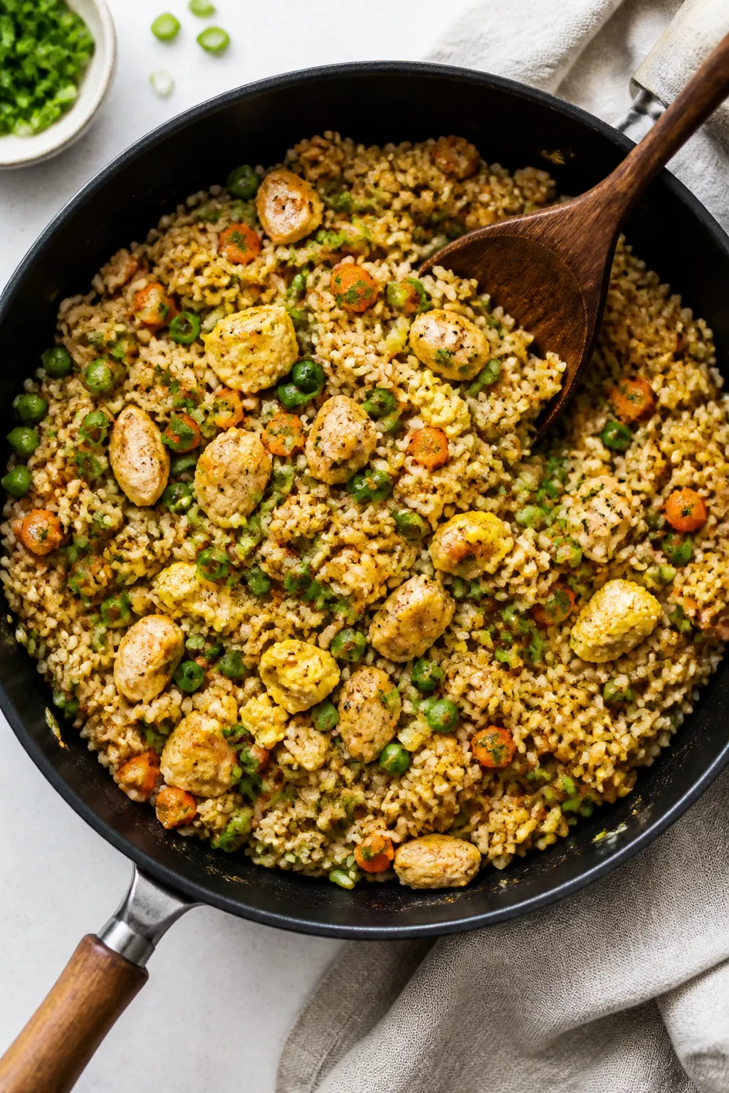 Tasty top view, meal prep focus: Overhead shot of low calorie chicken fried rice freshly finished in