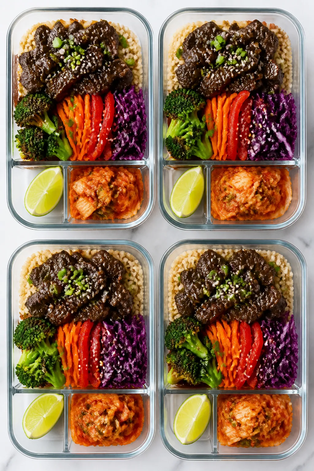 Tasty top view, meal-prep focus: Overhead shot of four meal prep containers neatly arranged, each fi