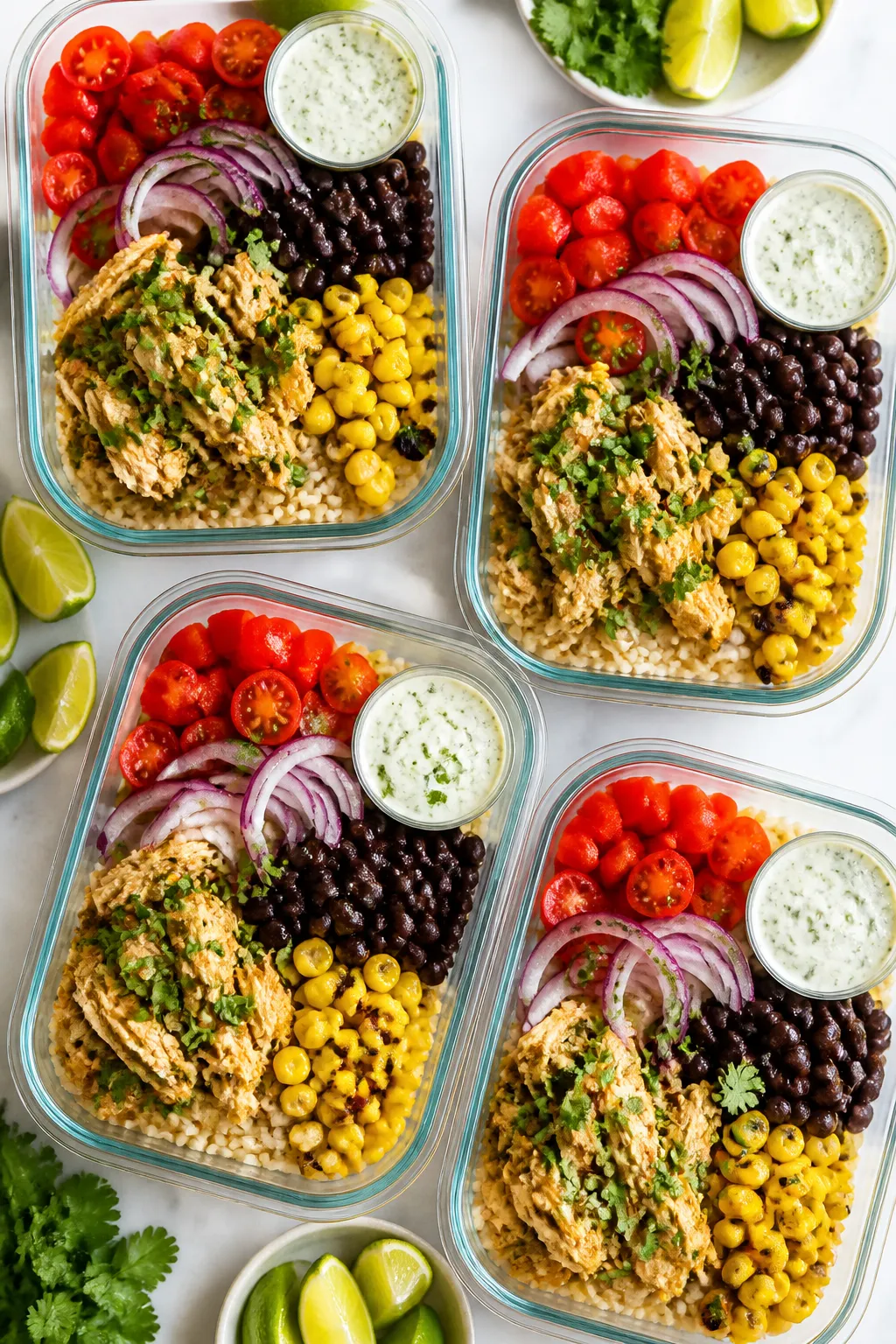 Tasty top view, meal-prep focus: Overhead shot of neat meal-prep containers filled with assembled Sa