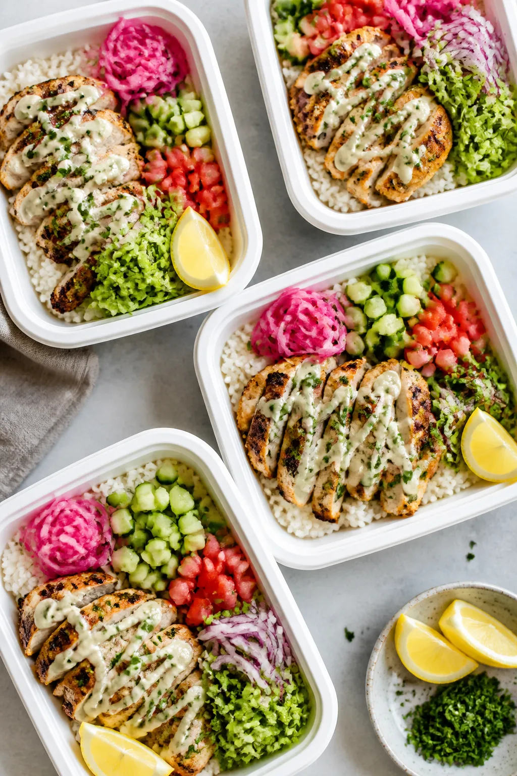 Tasty top view (meal prep): Overhead shot of 4–5 open meal prep bowls neatly arranged, each with a