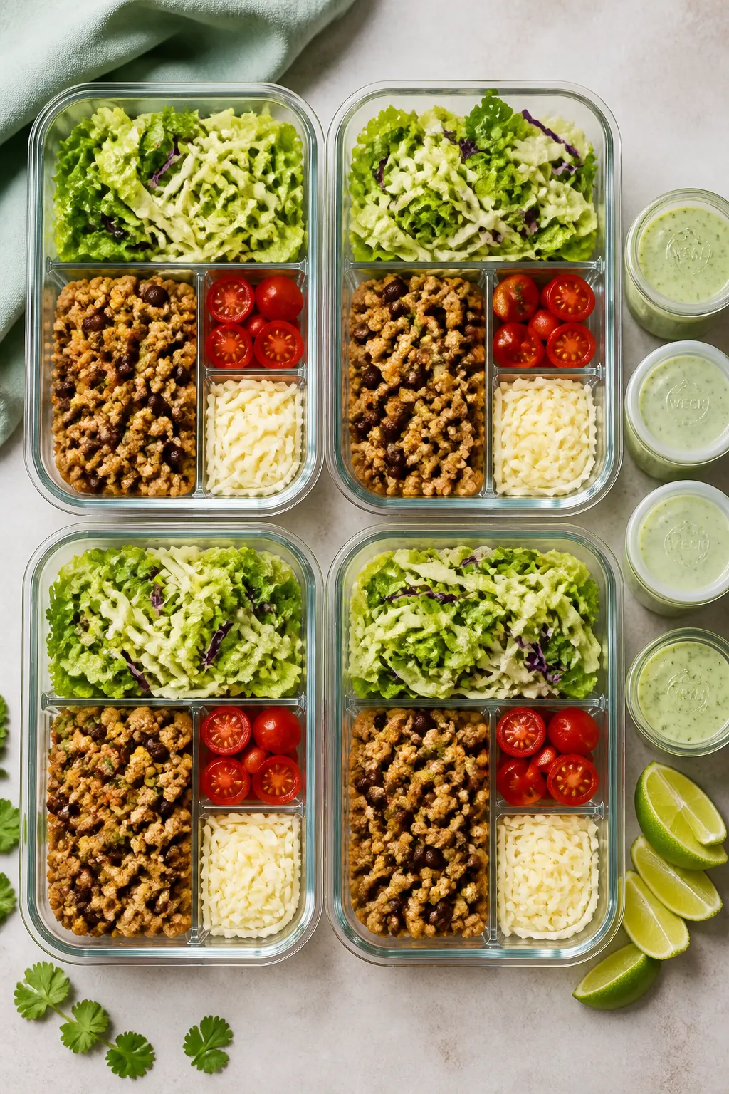 Tasty top view (meal prep): Overhead shot of four compartmentalized glass meal-prep containers neatl
