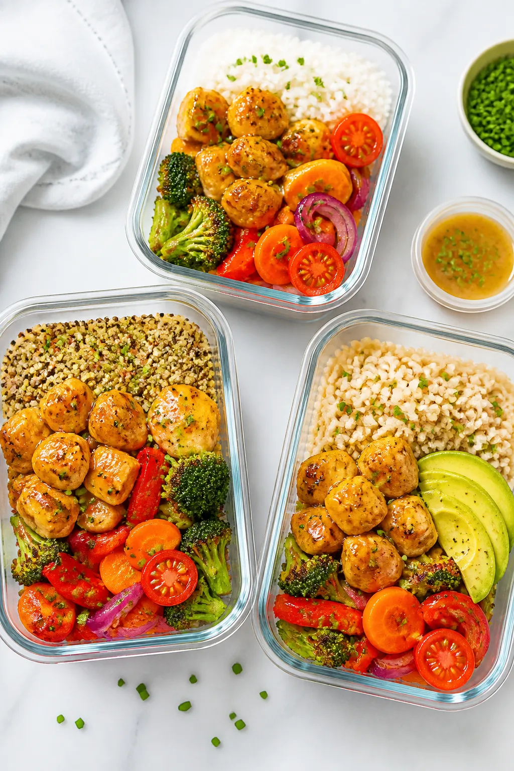 Tasty top view – Meal-prep variety: Overhead shot of three meal-prep containers filled with the as