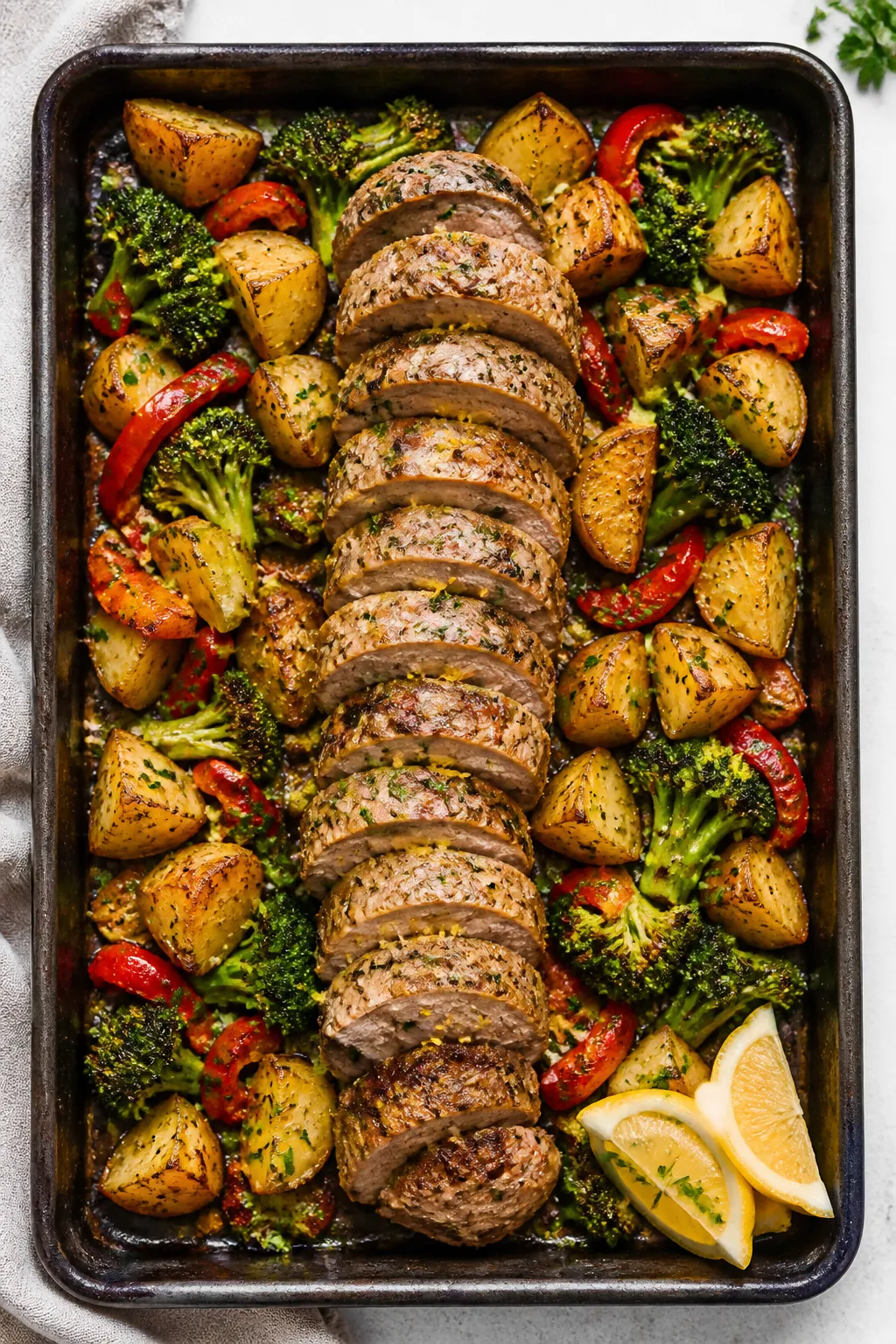 Tasty top view, one-pan finale: Overhead shot of the finished garlic butter pork tenderloin and vegg