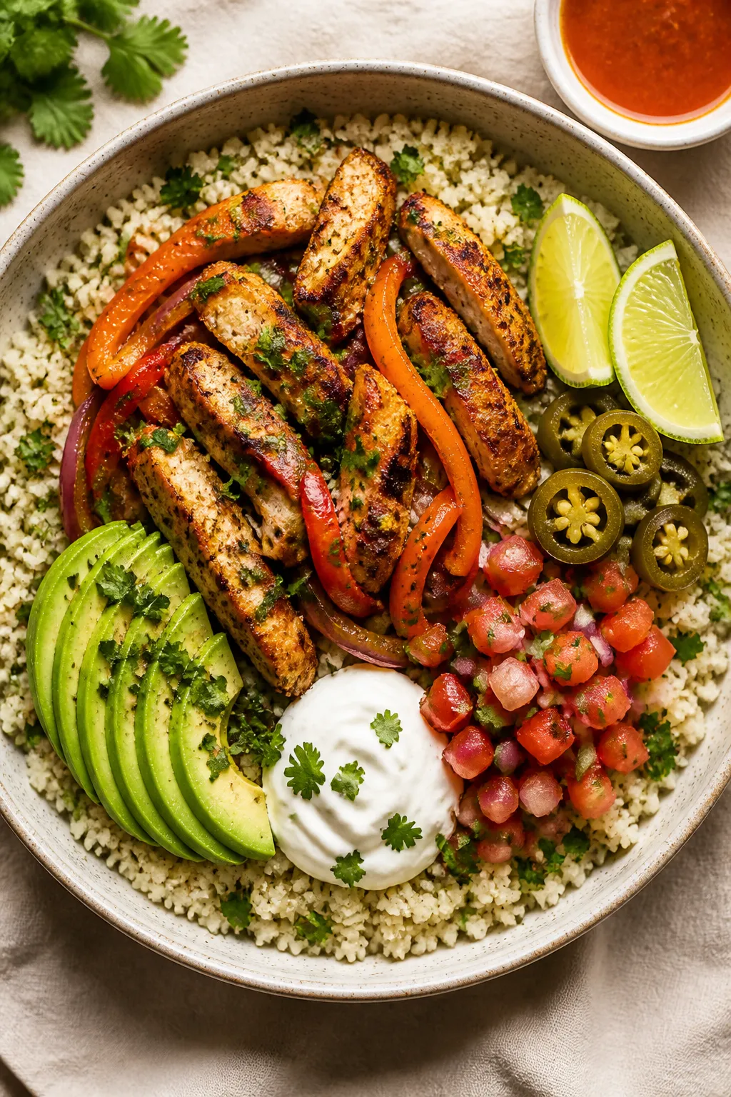 Tasty top view, overhead bowl build: Overhead shot of Chicken Fajita Cauliflower Rice Bowls just ass