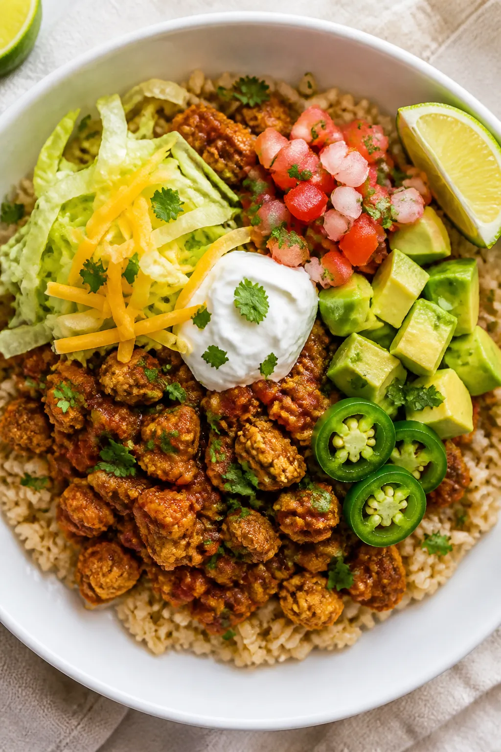 Tasty top view, overhead bowl: Overhead shot of a Healthy Turkey Enchilada Bowl built over fluffy br