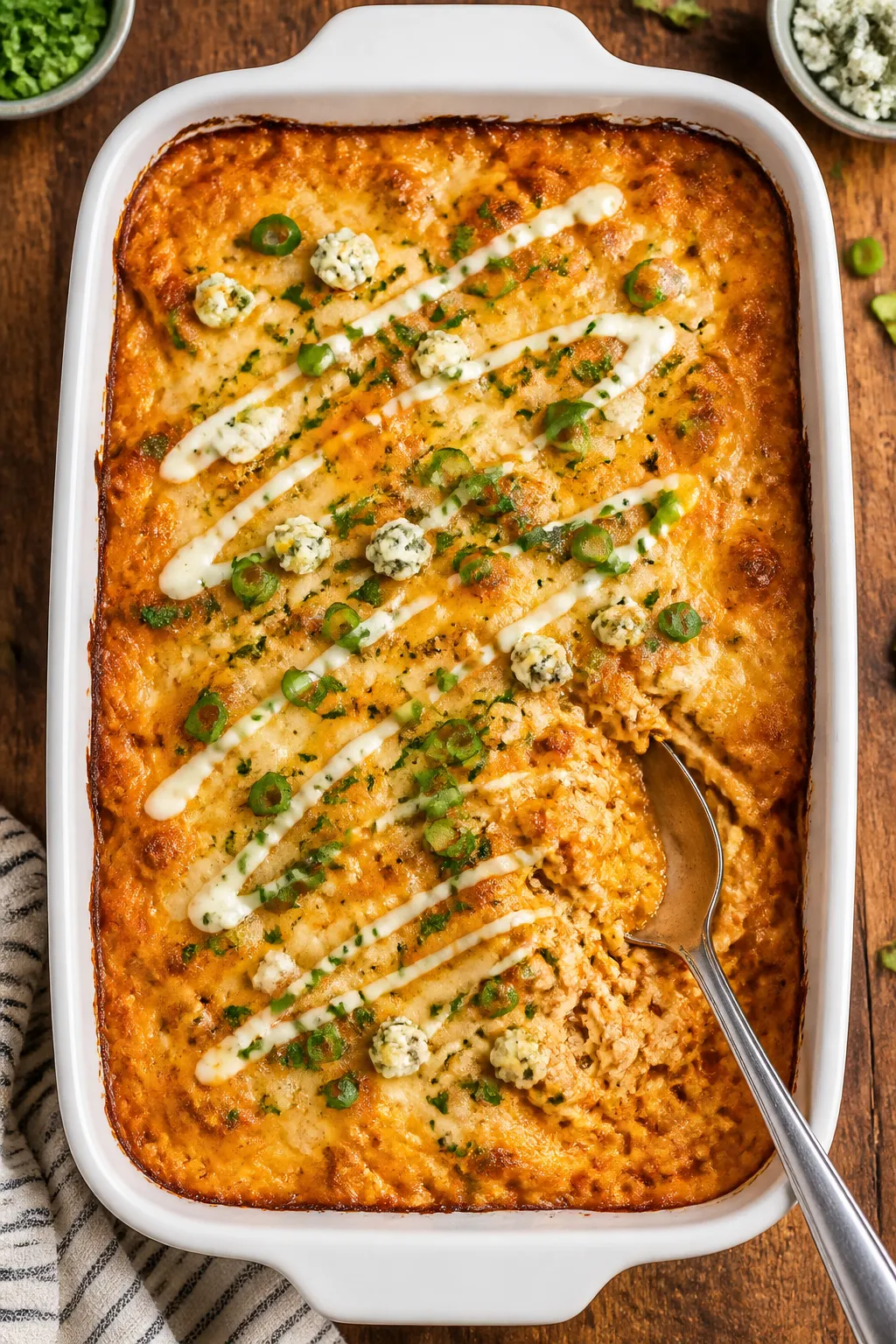 Tasty top view, overhead casserole: Overhead shot of the baked Healthy Buffalo Chicken Casserole in 