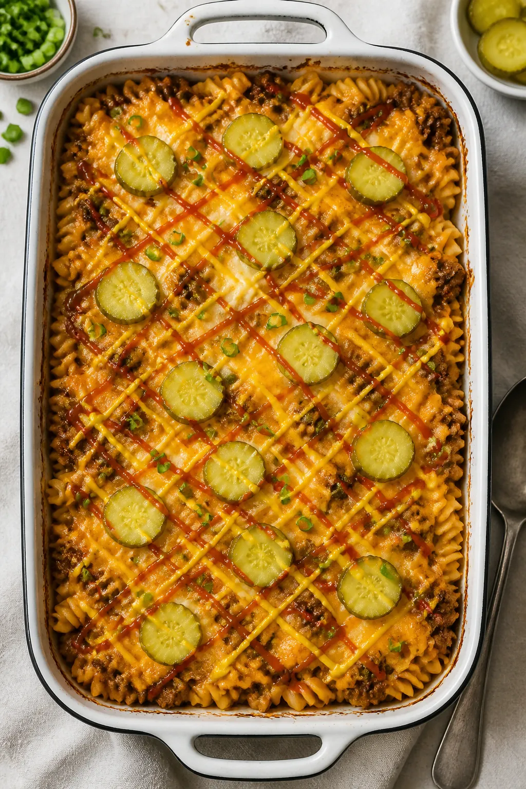 Tasty top view, overhead casserole: Overhead shot of the baked Healthy Cheeseburger Casserole in a 9