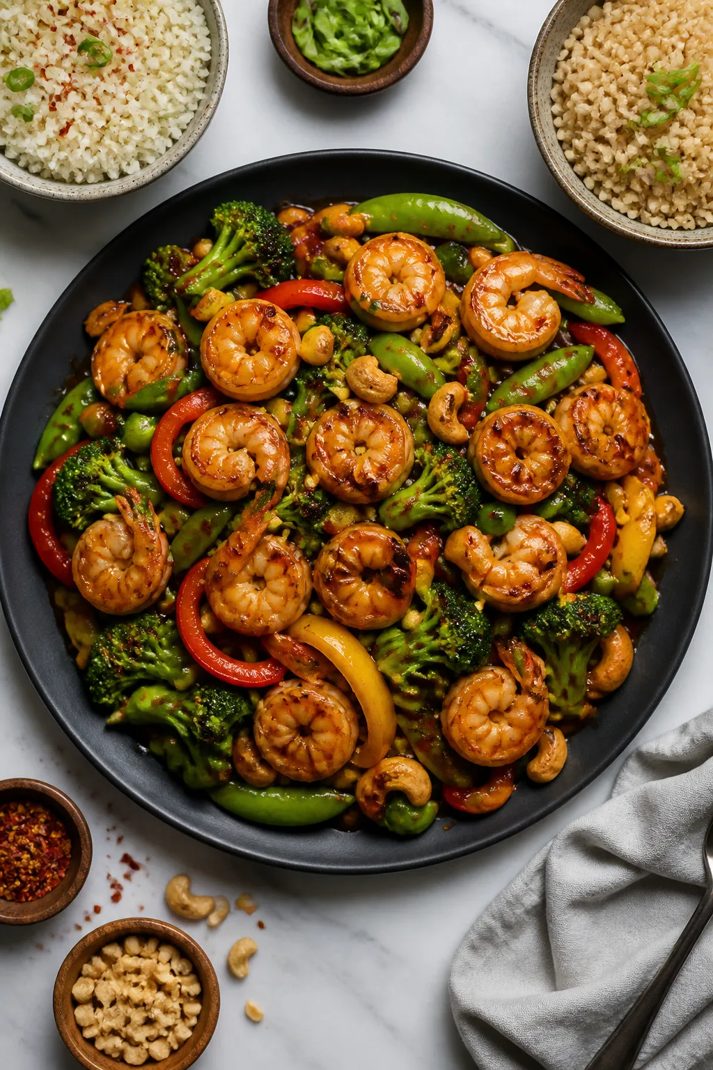 Tasty top view, overhead: Overhead shot of shrimp stir fry served family-style on a matte black plat