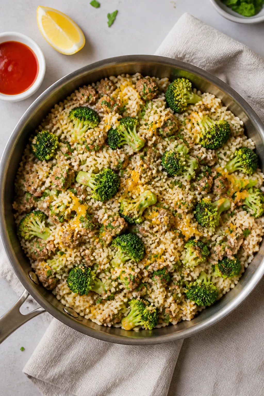 Tasty top view, overhead: Overhead shot of the finished Turkey & Broccoli Rice Meal Prep mixed in th