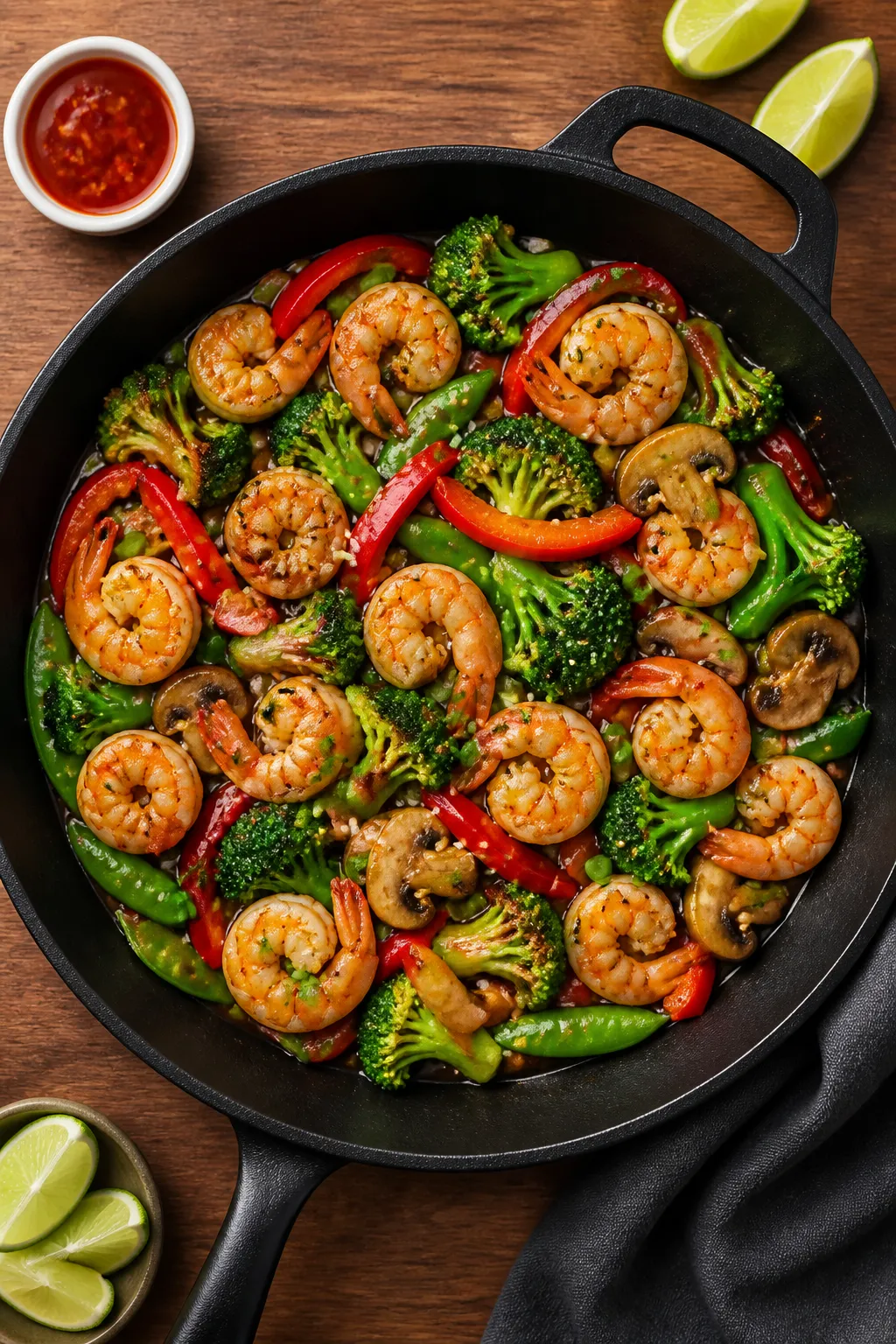 Tasty top-view overhead: Overhead shot of the finished shrimp stir fry (no rice) arranged family-sty