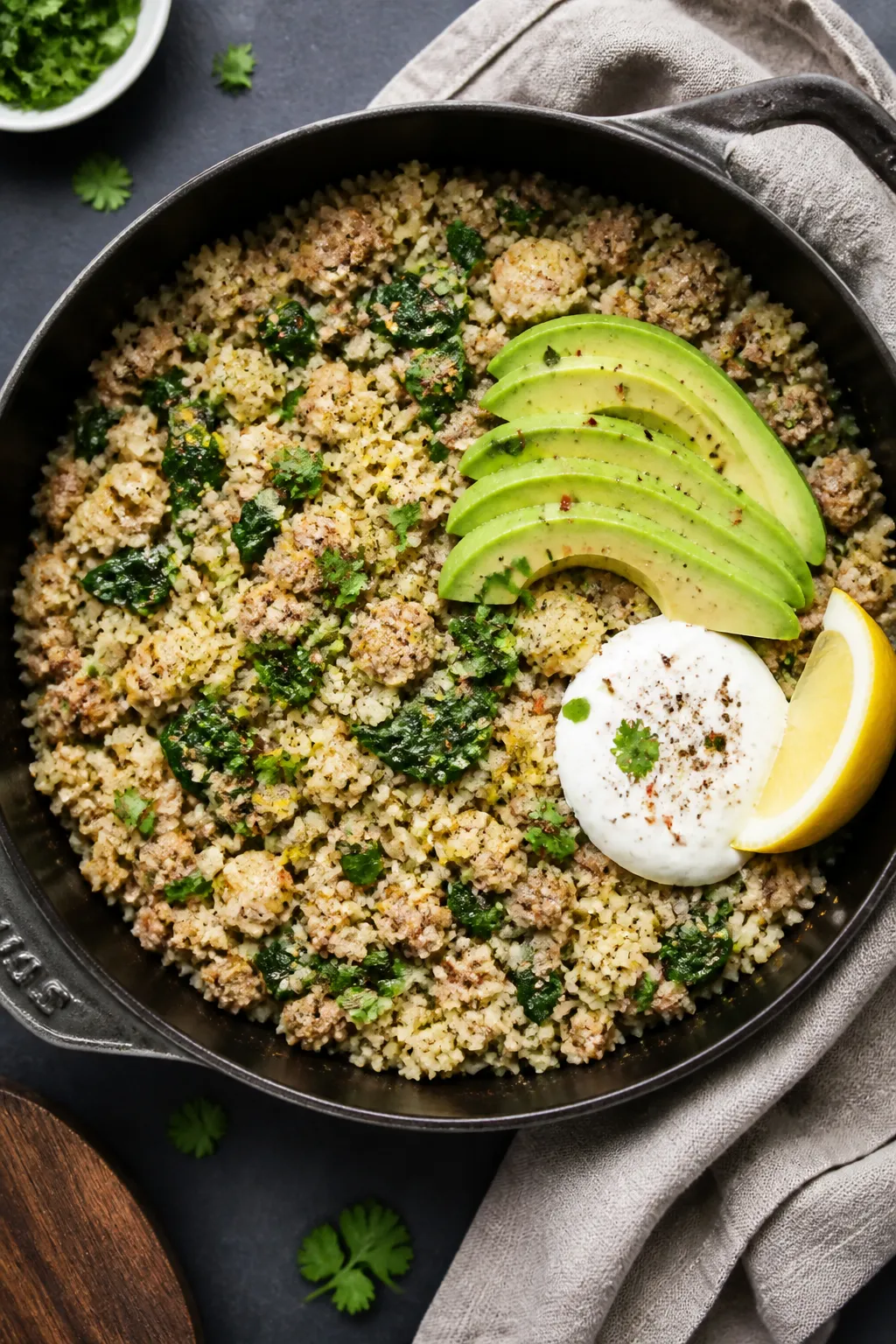 Tasty top view, overhead shot: Final turkey and cauliflower rice skillet just off the heat, cauliflo