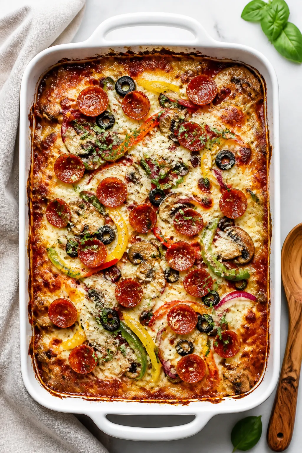 Tasty top view: Overhead shot of a bubbly Healthy Pizza Chicken Bake just out of the oven in a 9x13 
