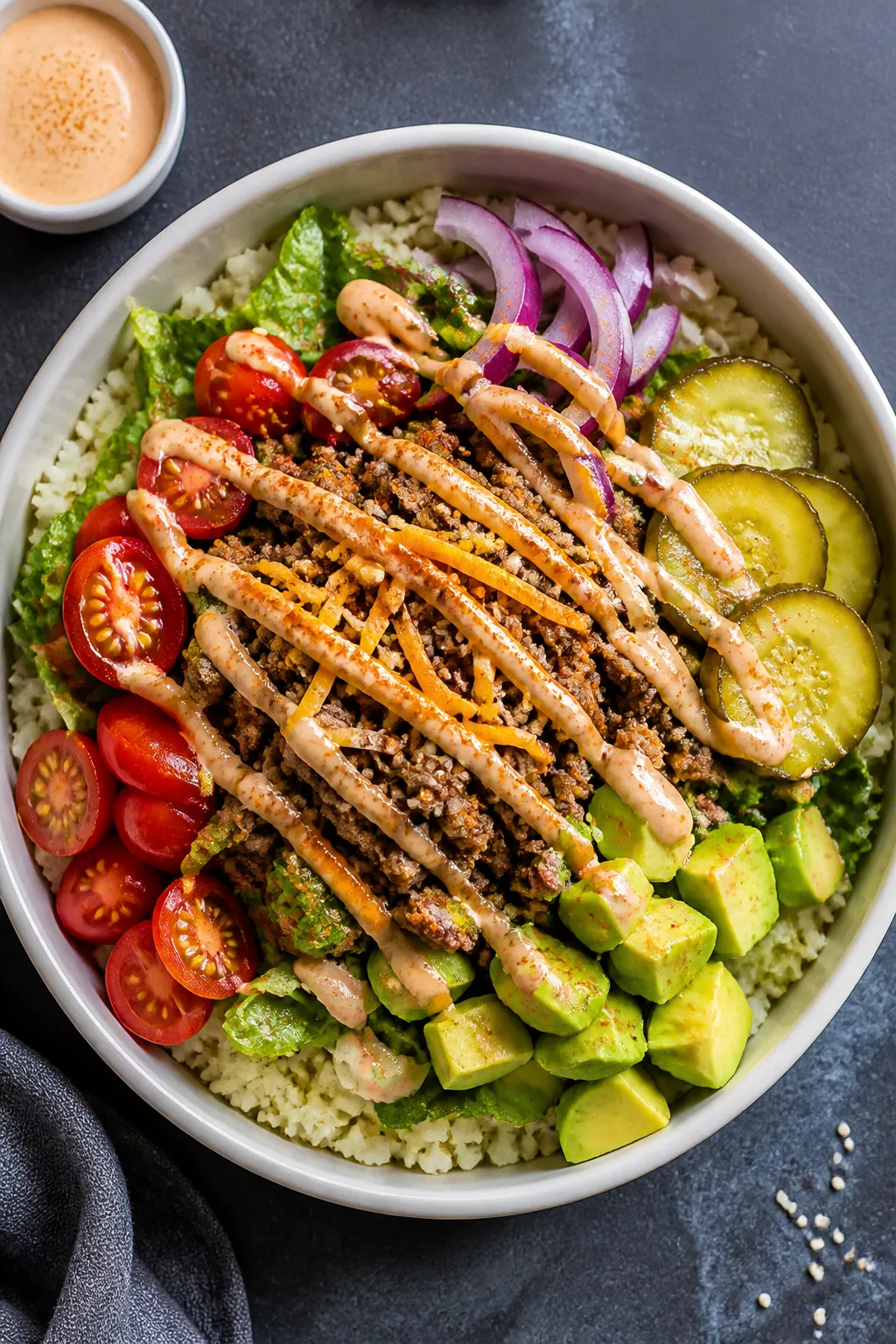 Tasty top view: Overhead shot of a High Protein Hamburger Bowl built on cauliflower rice, topped wit