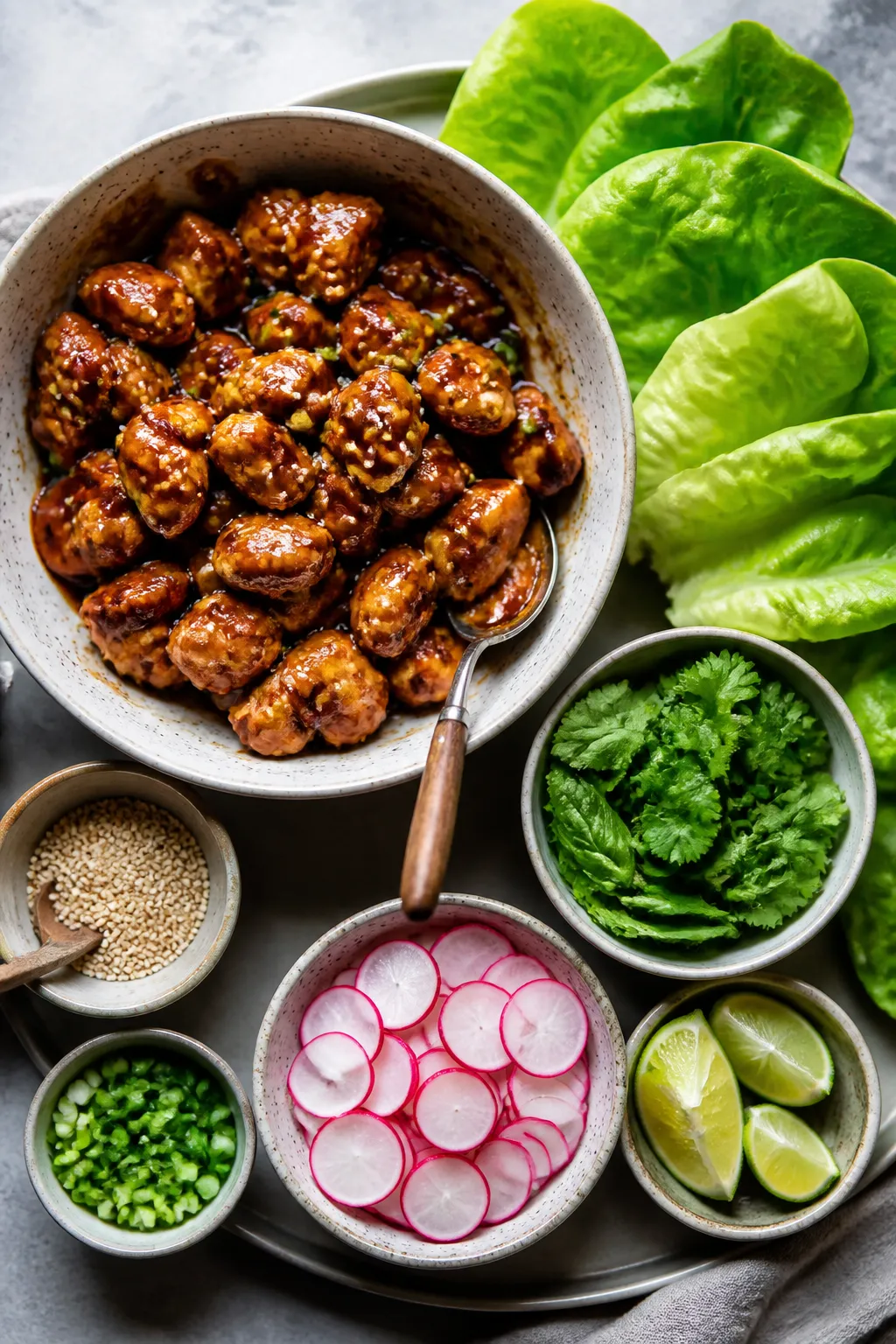 Tasty top-view: Overhead shot of a meal-prep spread for Teriyaki Chicken Lettuce Wraps—sections of