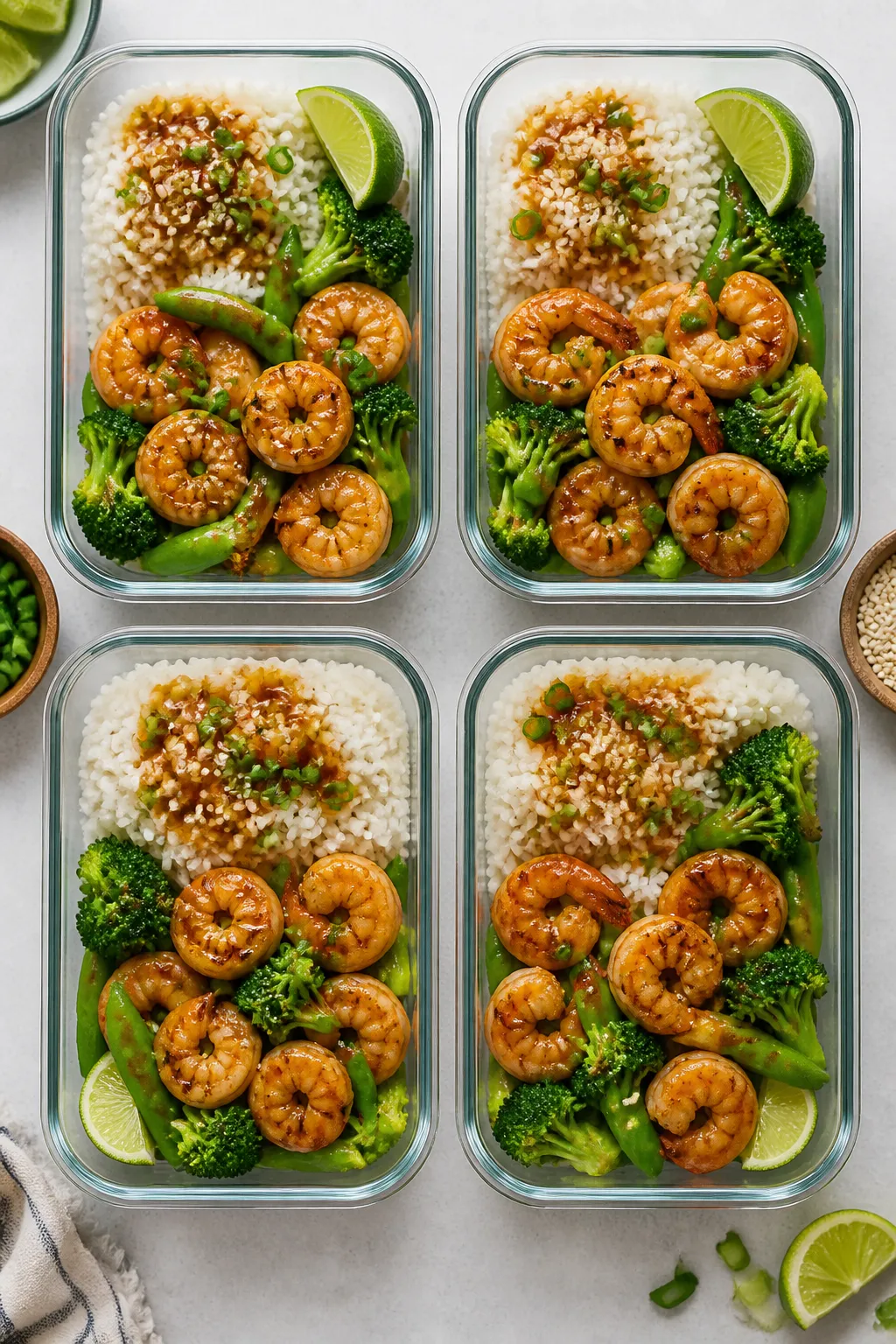 Tasty top view: Overhead shot of a neat meal prep lineup—four rectangular glass containers with fl