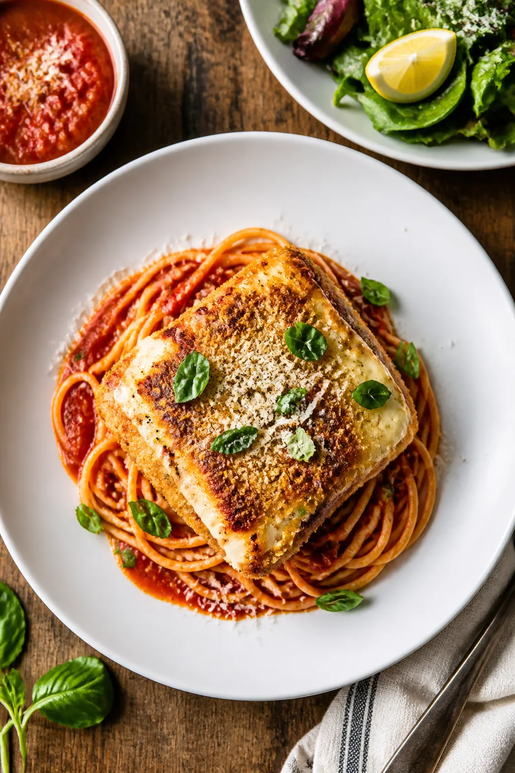 Tasty top view: Overhead shot of a neat square serving of Chicken Parmesan Casserole plated over al