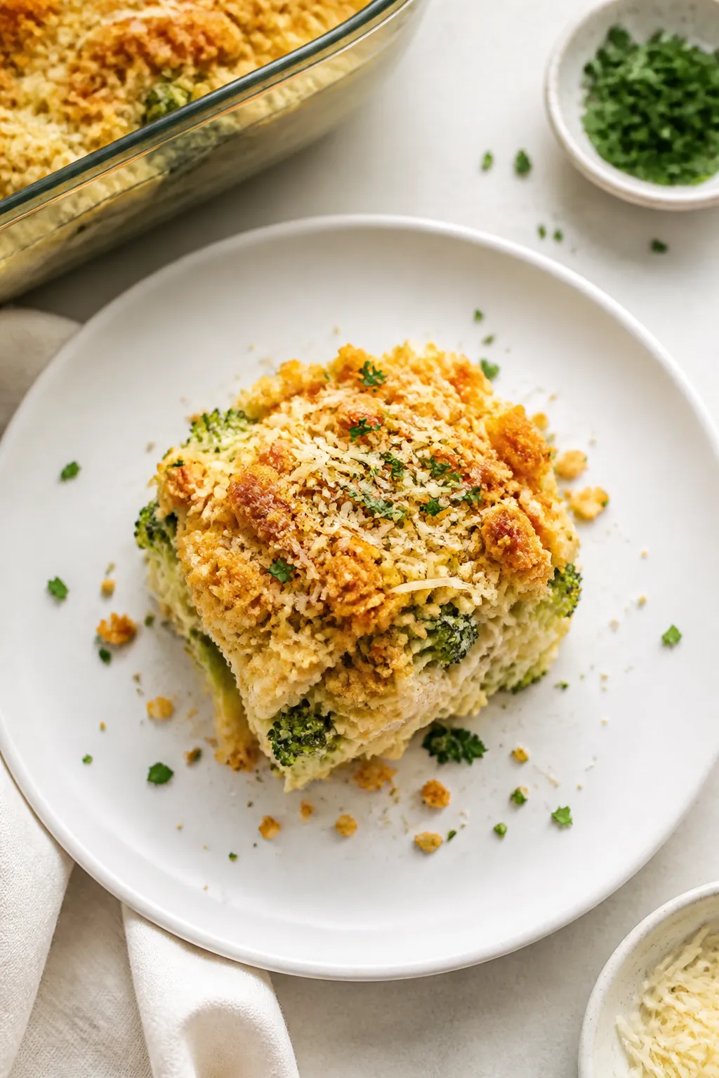 Tasty top view: Overhead shot of a plated serving of Chicken Broccoli Rice Casserole—neatly scoope