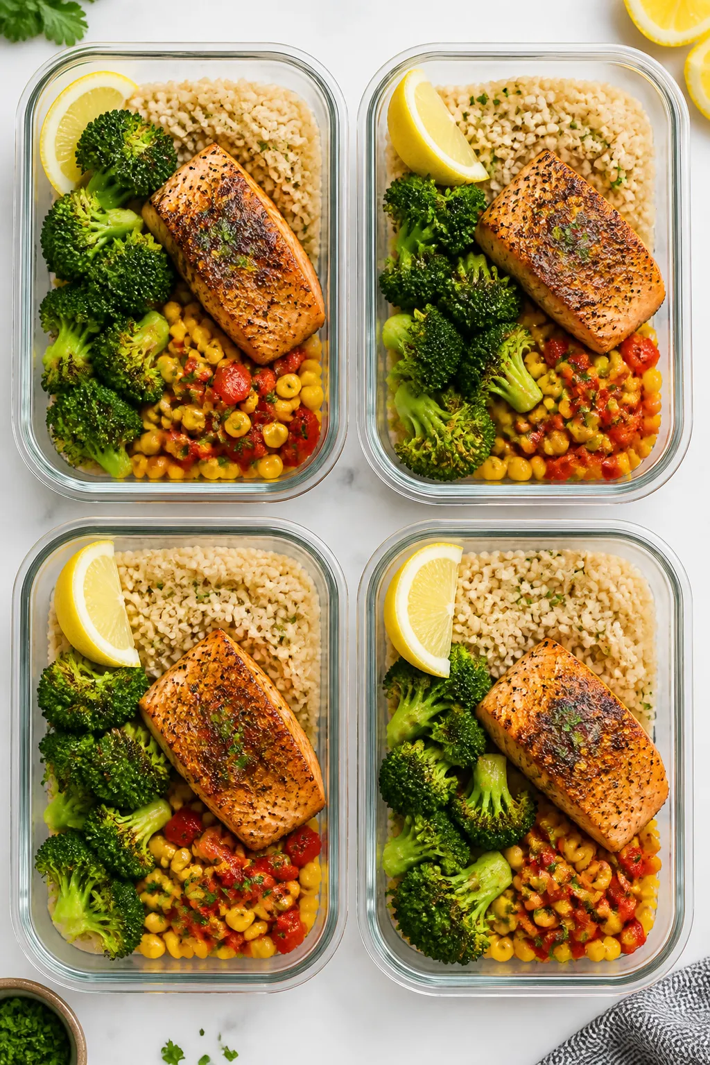 Tasty top view: Overhead shot of assembled blackened salmon meal prep bowls—quartered portions in