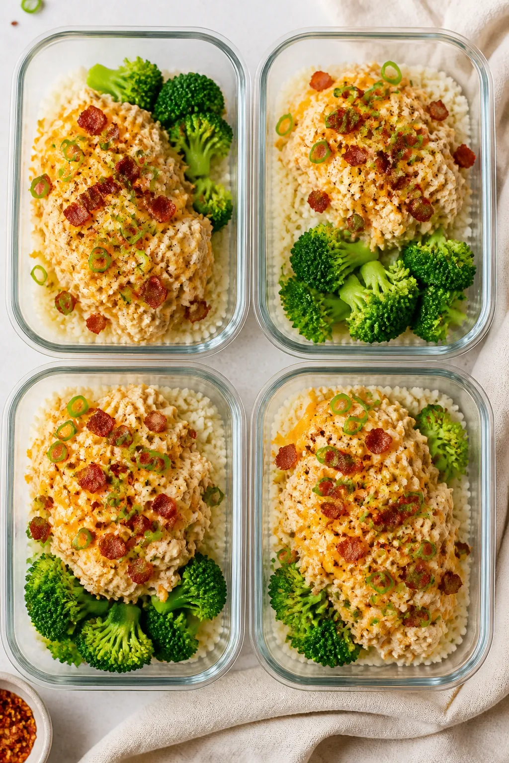 Tasty top view: Overhead shot of assembled crack chicken meal prep bowls—four clear-lidded glass c