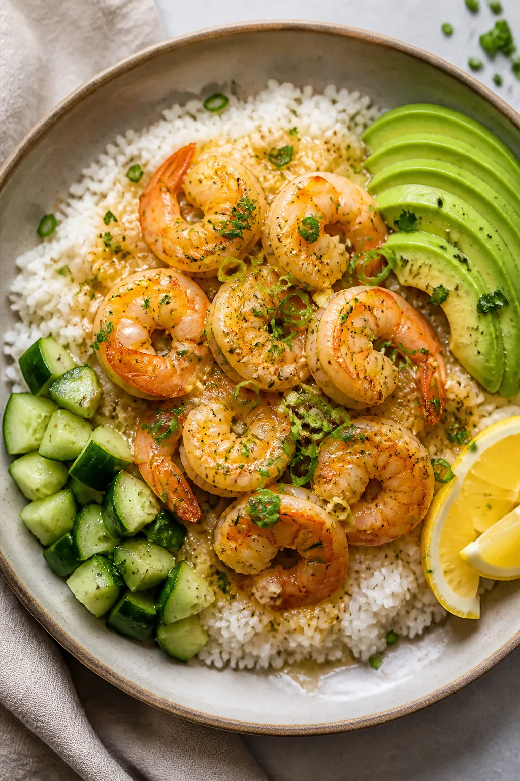 Tasty top view: Overhead shot of assembled garlic butter shrimp rice bowls on a matte ceramic plate,