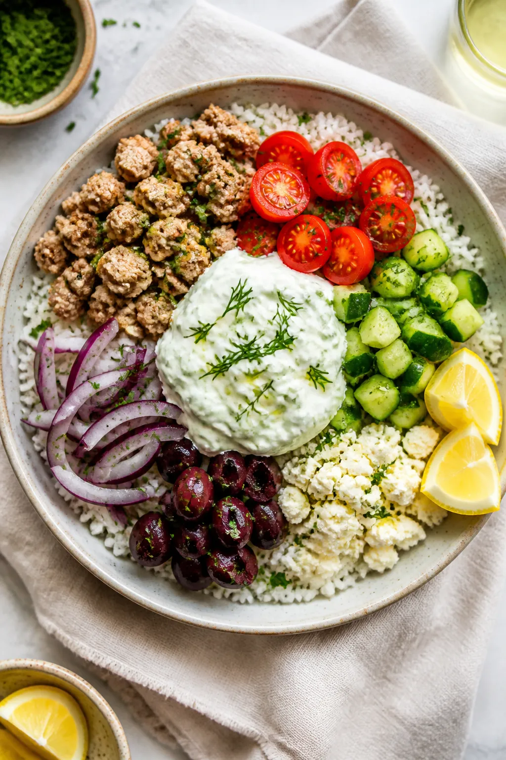 Tasty top view: Overhead shot of assembled Greek Turkey Rice Bowl in a wide, shallow ceramic bowl—