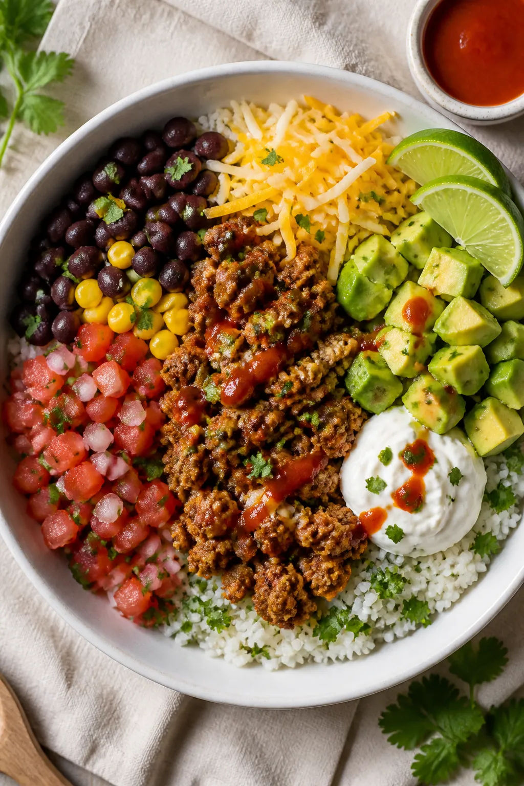 Tasty top view: Overhead shot of assembled Ground Turkey Burrito Bowl with a base of cilantro-lime r