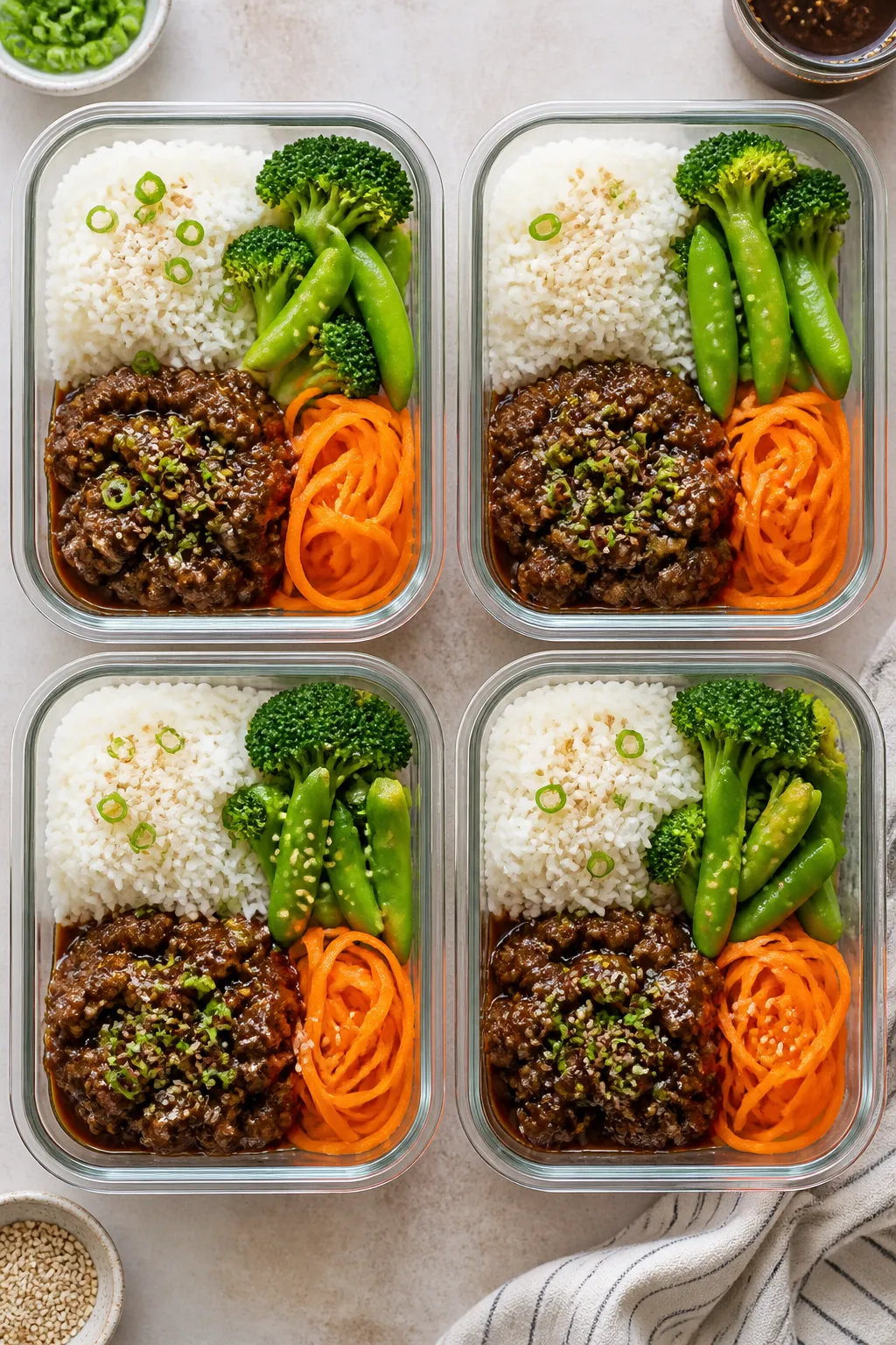 Tasty top view: Overhead shot of assembled Ground Beef Teriyaki meal-prep bowls—four containers ne