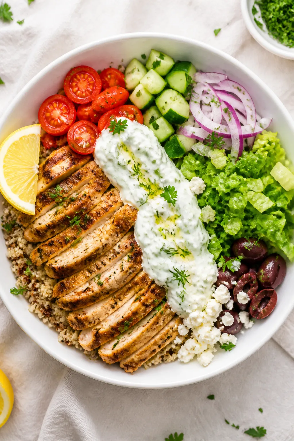 Tasty top view — Overhead shot of assembled Healthy Chicken Gyro Bowls: fluffy quinoa-brown rice m