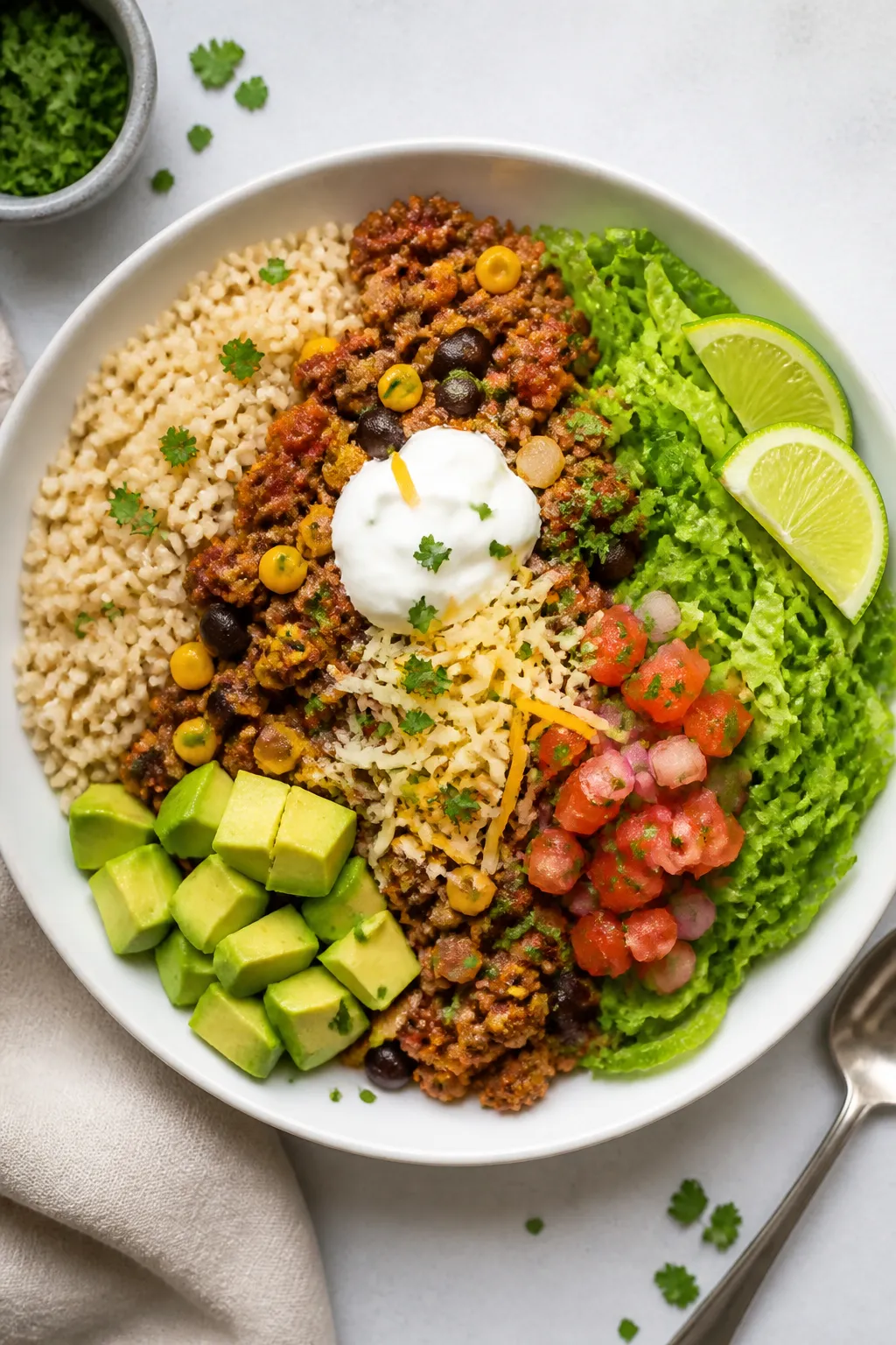 Tasty top view: Overhead shot of assembled Healthy Ground Turkey Taco Bowl on a wide white bowl—ha