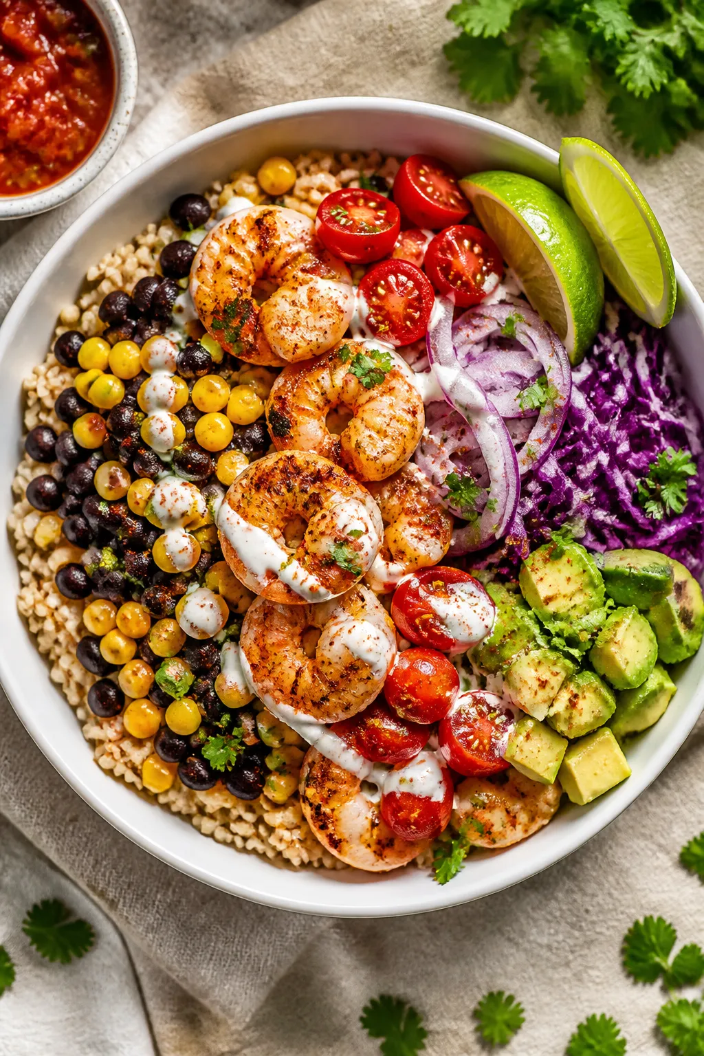 Tasty top view: Overhead shot of assembled Healthy Shrimp Taco Bowl—warm brown rice base topped wi