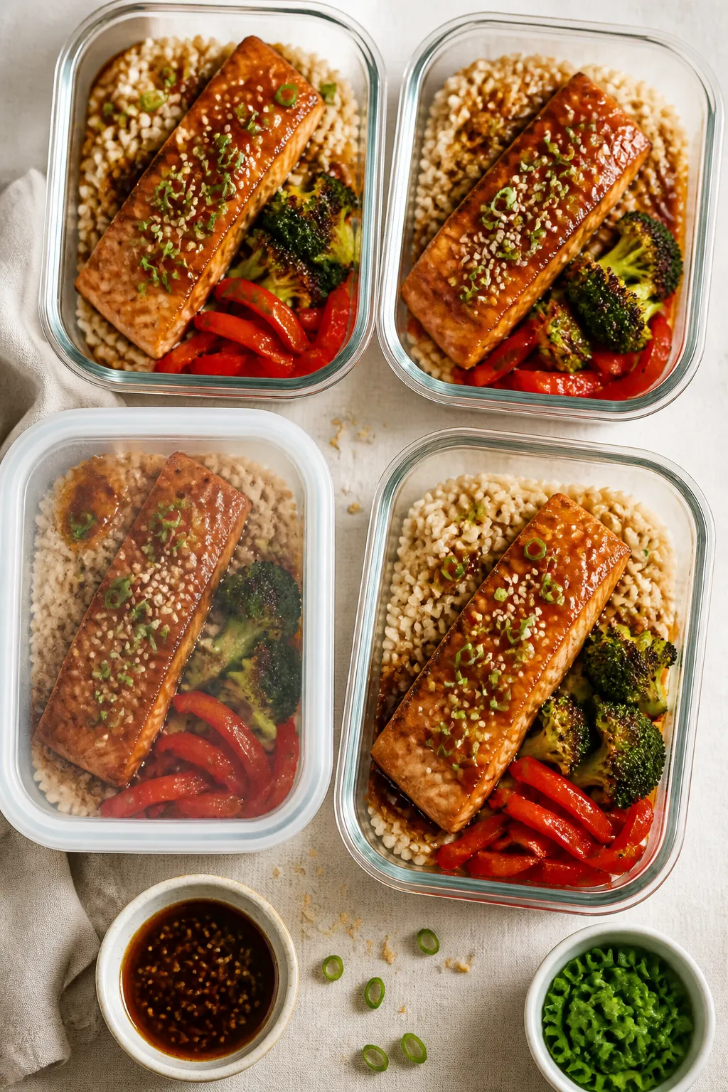 Tasty top view: Overhead shot of assembled honey garlic salmon meal prep containers (set of four), e