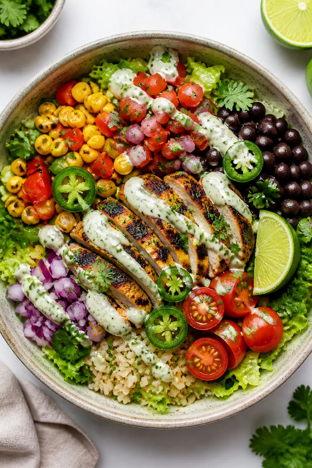 Tasty top view: Overhead shot of assembled Low Calorie Chicken Burrito Bowl in a wide, shallow ceram