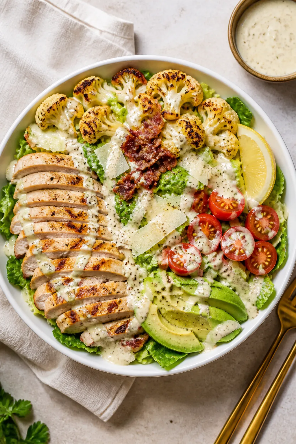 Tasty top view: Overhead shot of assembled Low Carb Chicken Caesar Bowl in a wide white ceramic bowl