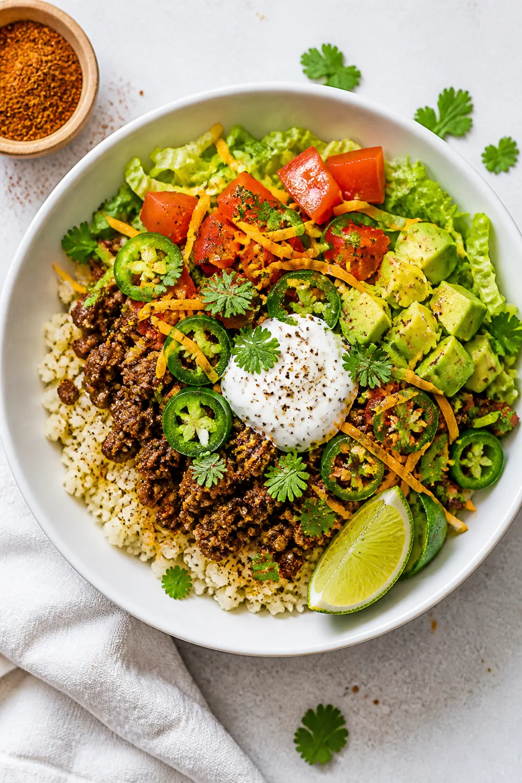 Tasty top view: Overhead shot of assembled Low Carb Beef Taco Bowl on a wide matte-white bowl—bed 