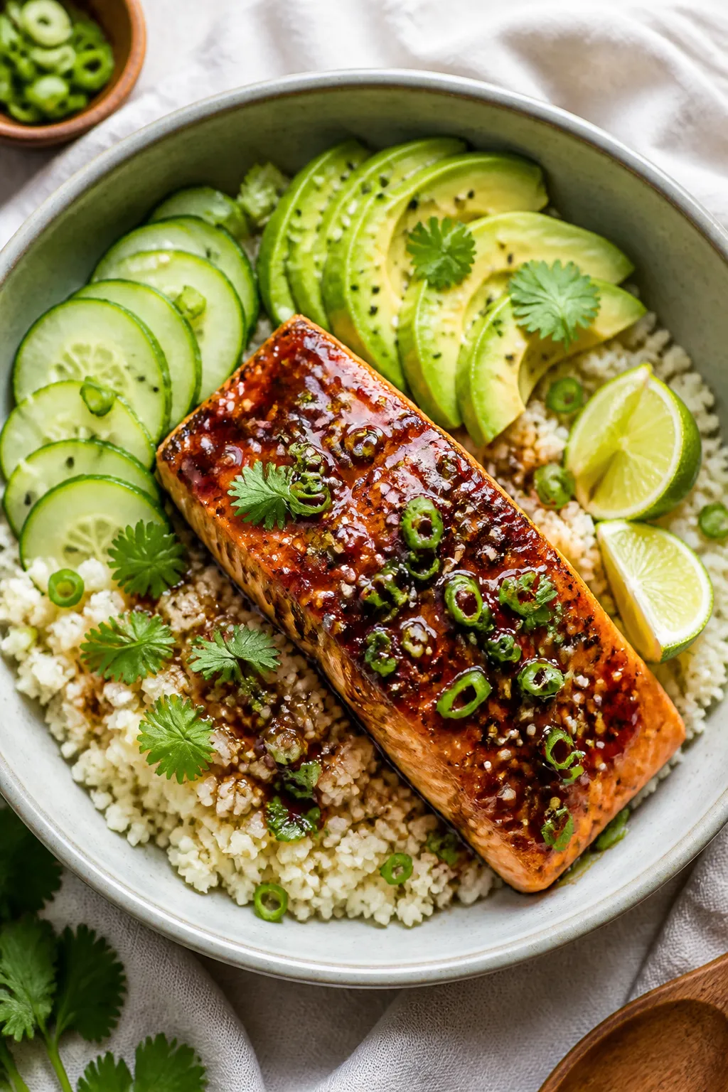 Tasty top view: Overhead shot of assembled Low Carb Honey Garlic Salmon Bowl—cauliflower rice base