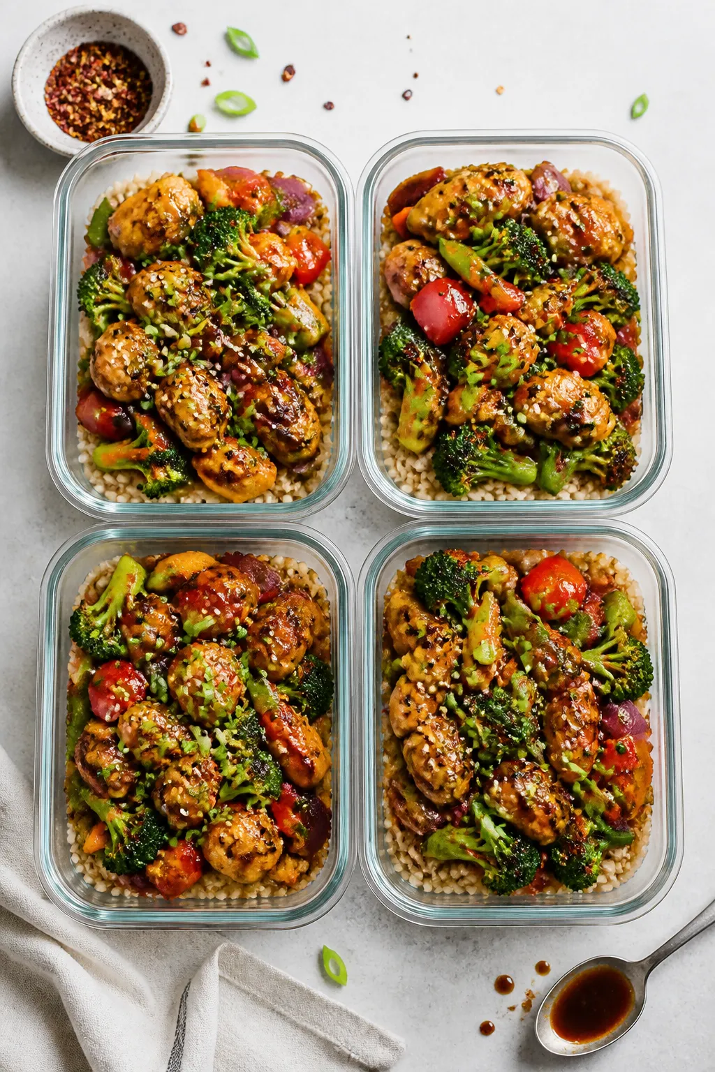 Tasty top view — Overhead shot of assembled meal prep bowls: brown rice base topped with saucy chi