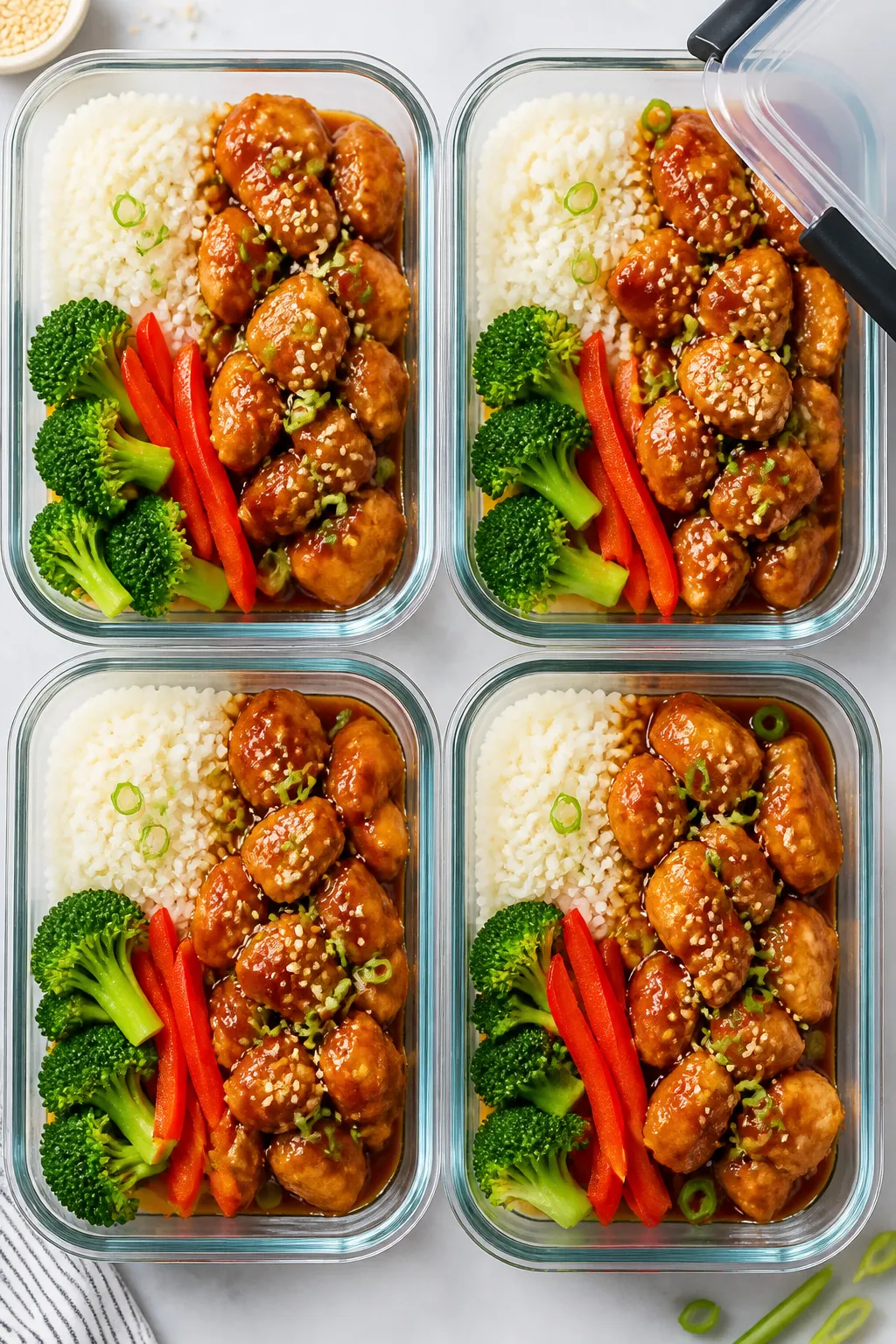 Tasty top view: Overhead shot of assembled meal prep containers—fluffy jasmine rice on one side, h