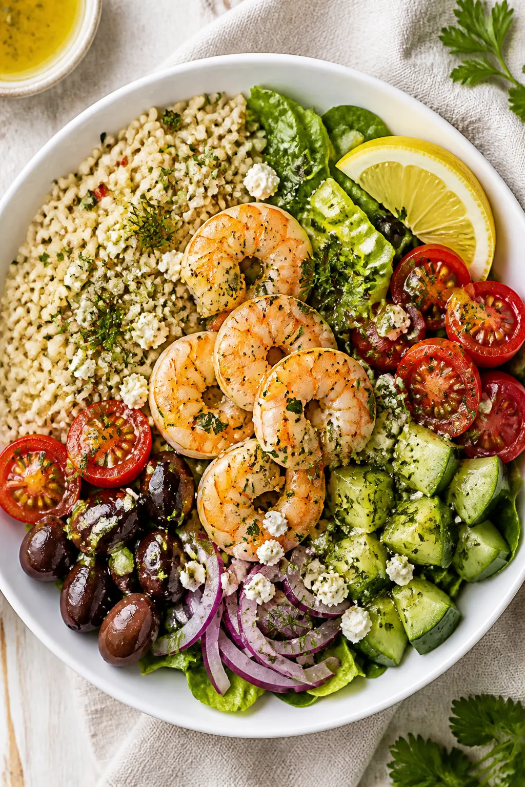 Tasty top view: Overhead shot of assembled Mediterranean Shrimp Bowl in a wide white ceramic bowl—