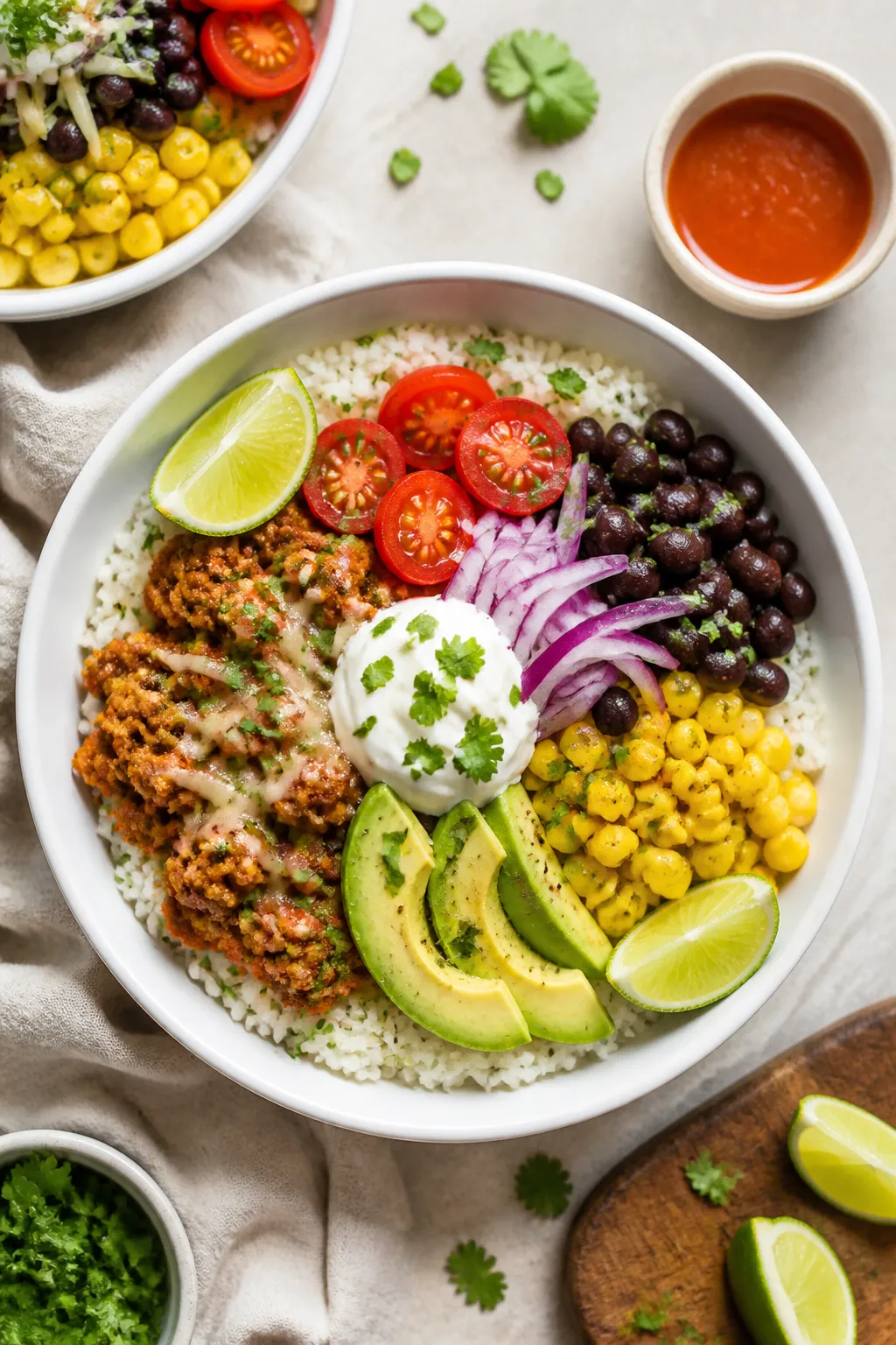Tasty top view: Overhead shot of assembled Turkey Taco Rice Bowls in matte white shallow bowls—flu
