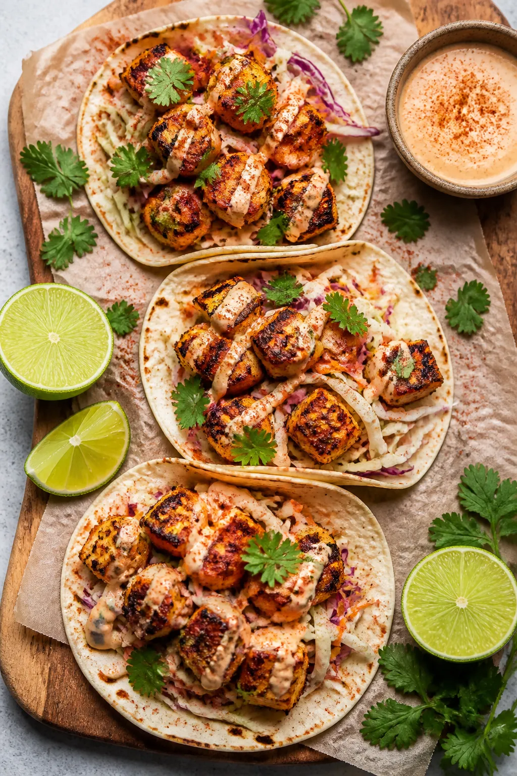 Tasty top view: Overhead shot of Cajun salmon bite tacos—three street-size tortillas filled with t