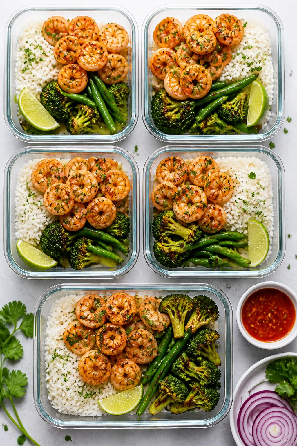 Tasty top view: Overhead shot of chili lime shrimp meal prep containers neatly arranged—jasmine ri