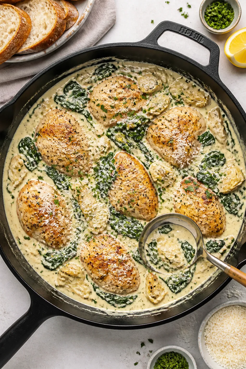 Tasty top view: Overhead shot of Creamy Spinach Artichoke Chicken served family-style in a wide cast