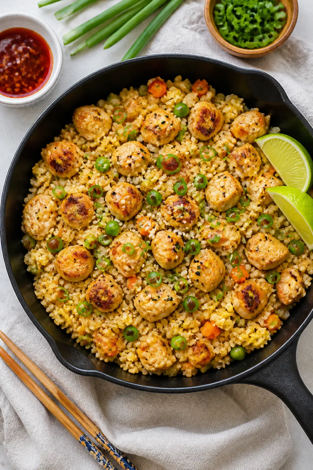 Tasty top view: Overhead shot of Easy Low Carb Chicken Fried Cauliflower Rice in a wide black skille