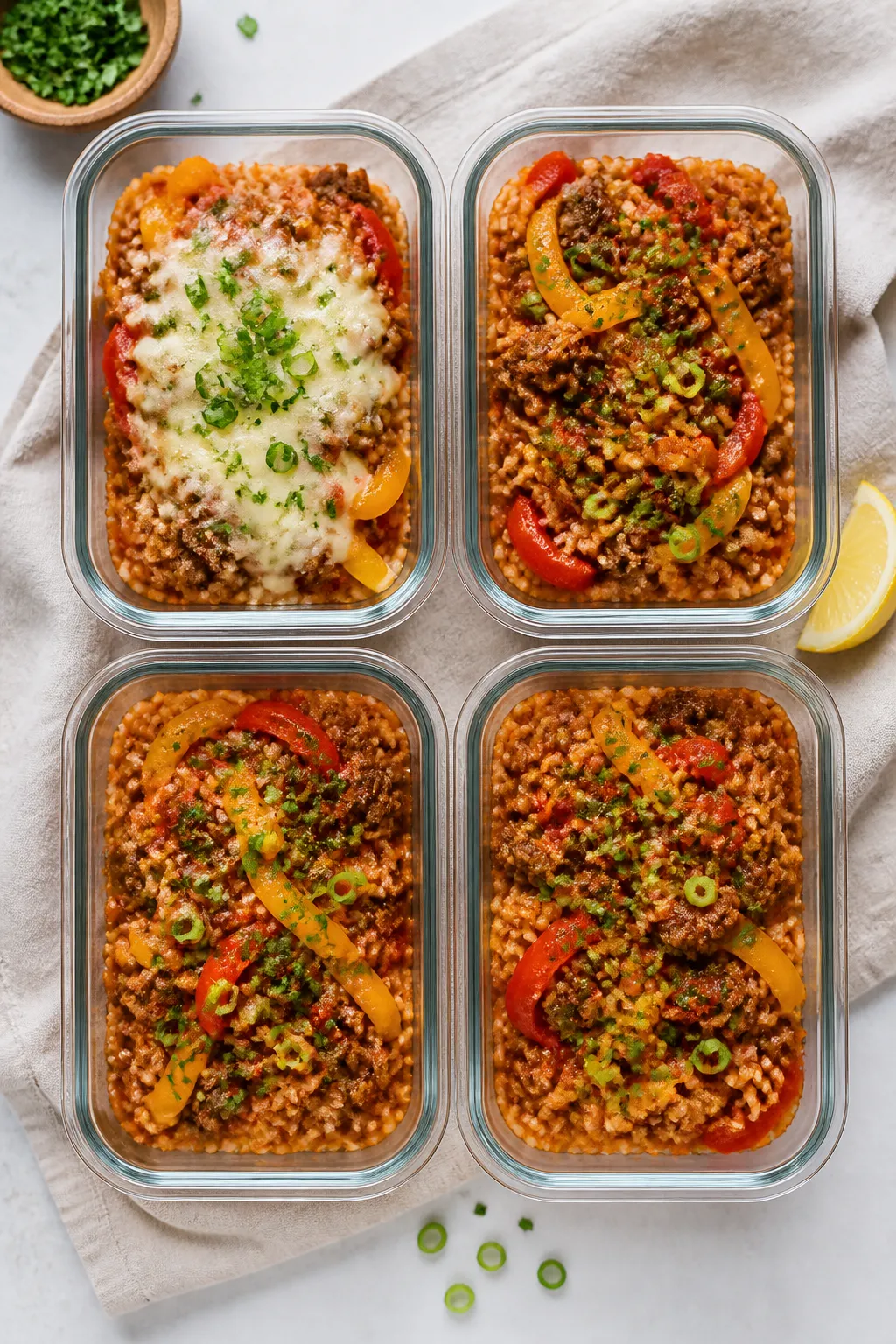 Tasty top view — Overhead shot of finished Meal Prep Stuffed Pepper Bowls portioned for the week: