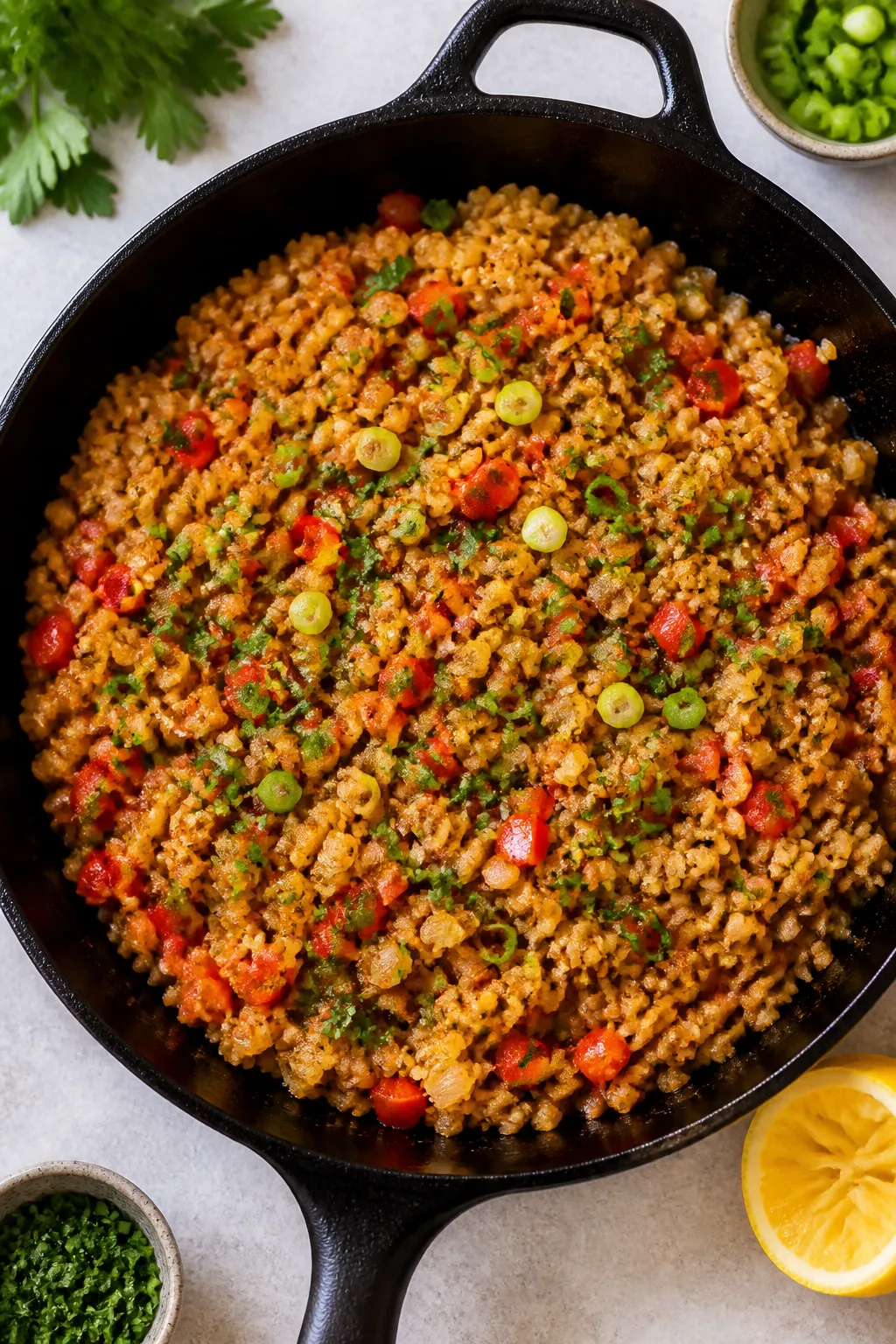 Tasty top view — Overhead shot of fluffy Cajun cauliflower rice in the skillet right after deglazi